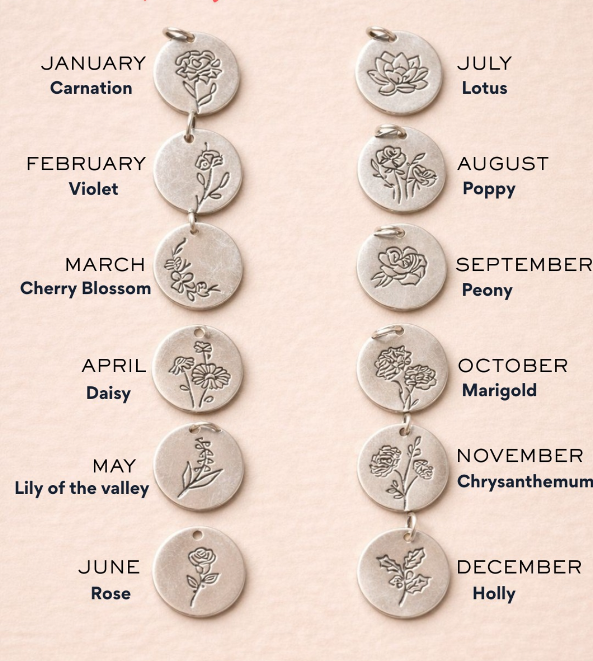 Flower birth charm chart with corresponding months on a beige background