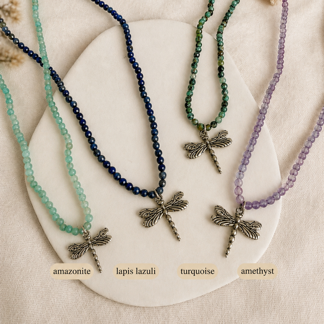Dragonfly gemstone necklace
