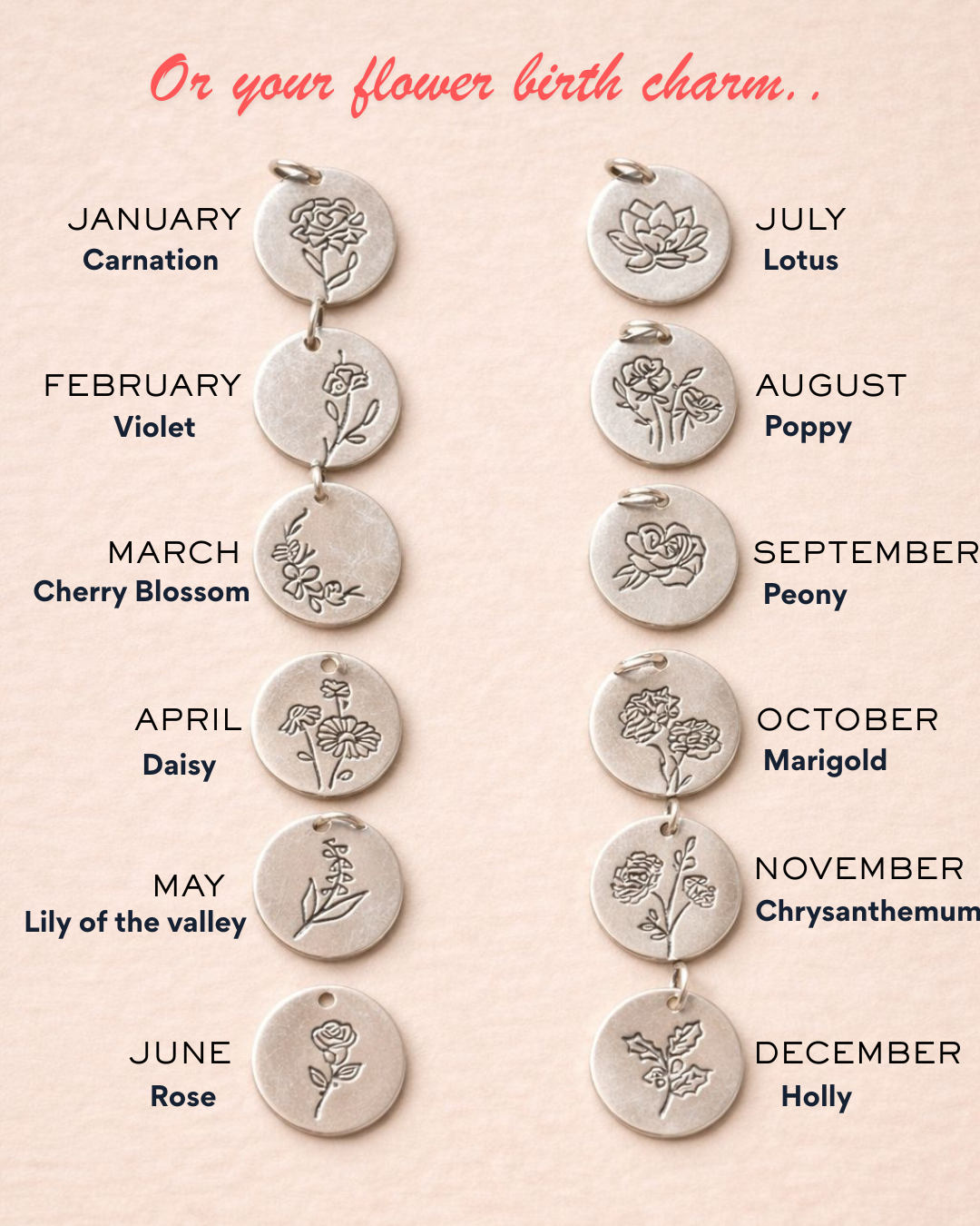 Silver flower birth charm pendants with corresponding months and flowers on a beige background.