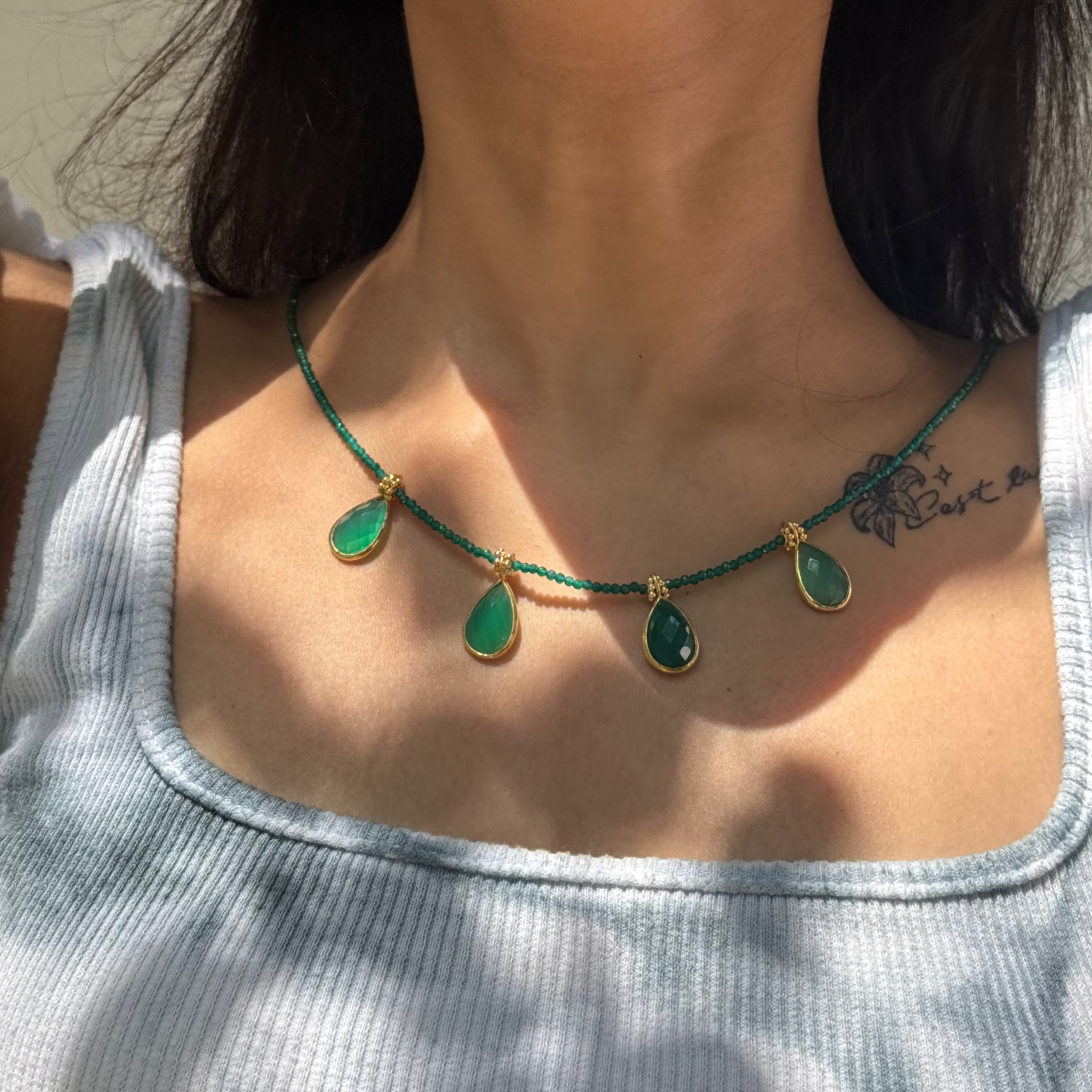 Green onyx boho beaded charm necklace