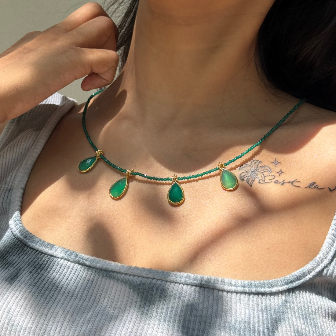 Green onyx boho beaded charm necklace