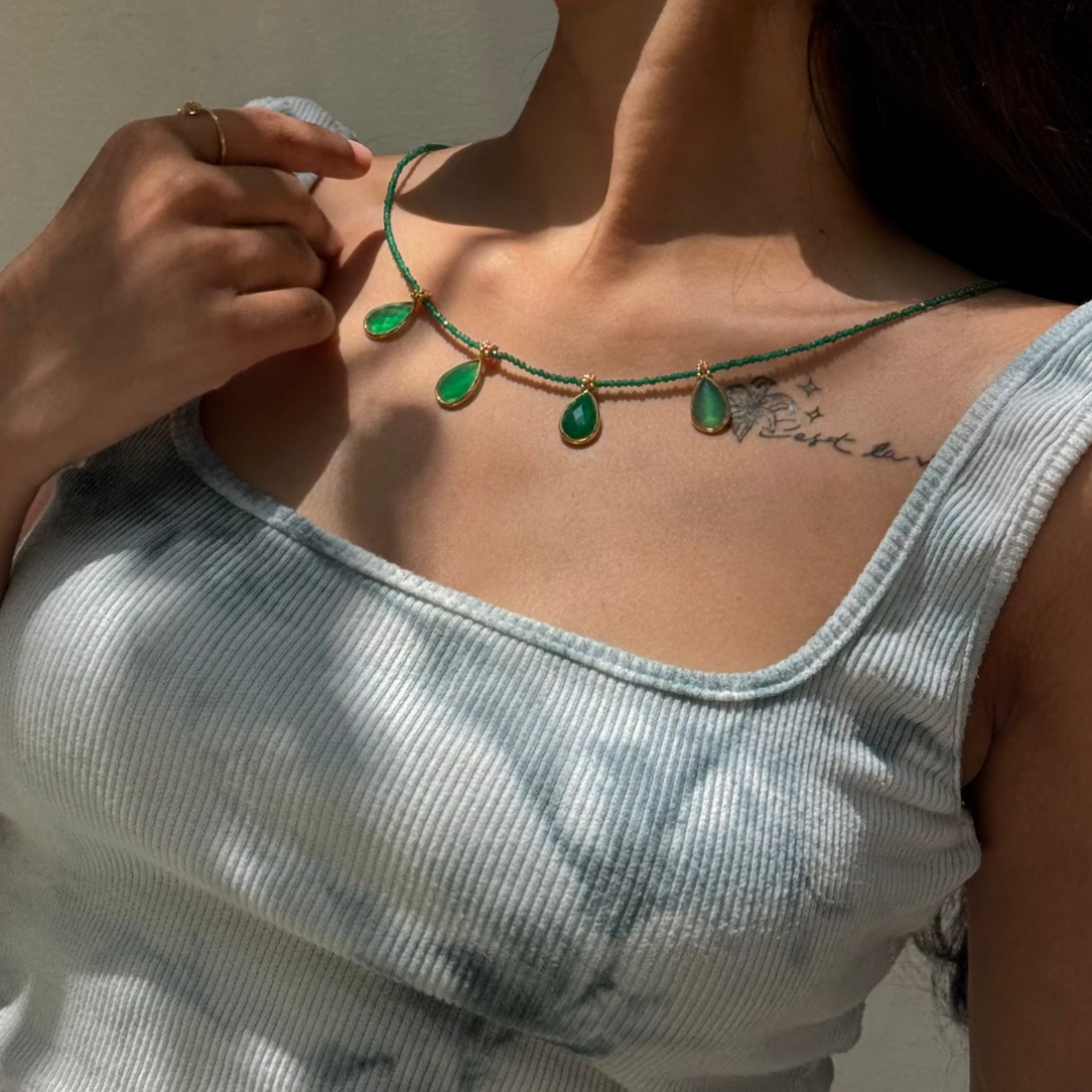 Green onyx boho beaded charm necklace