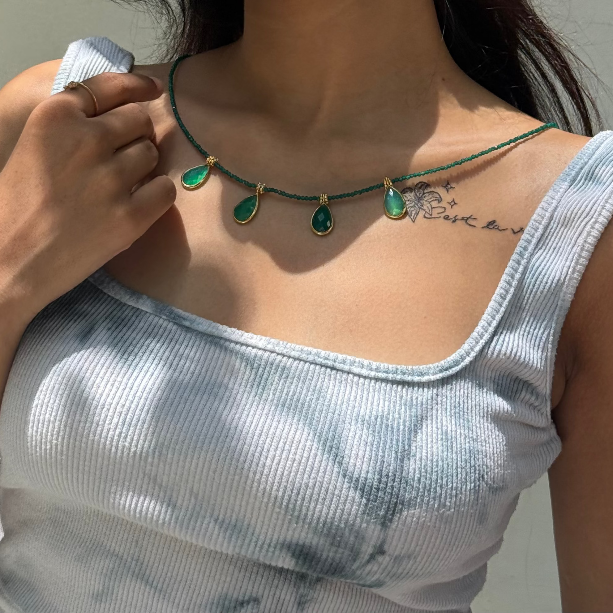 Green onyx boho beaded charm necklace
