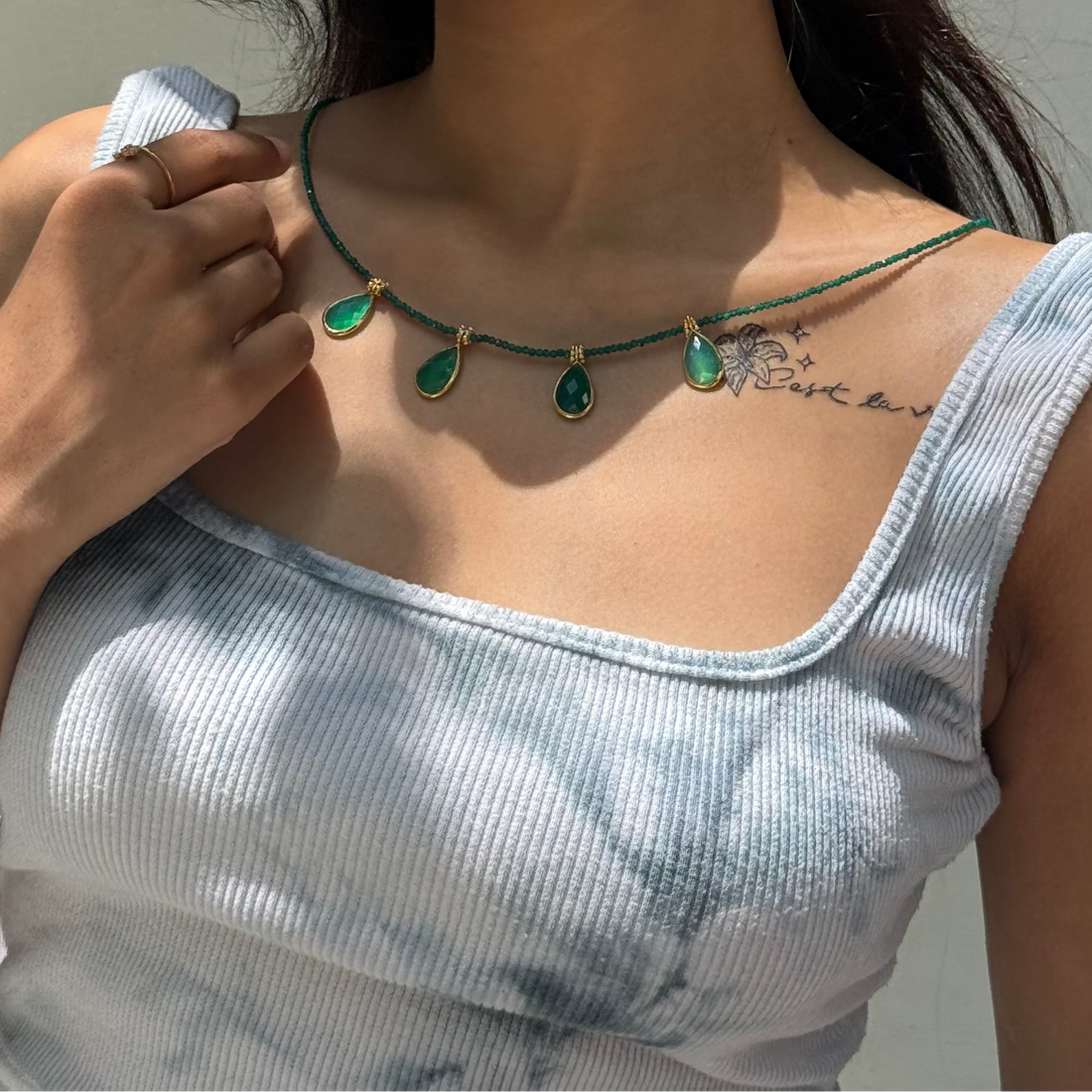 Green onyx boho beaded charm necklace