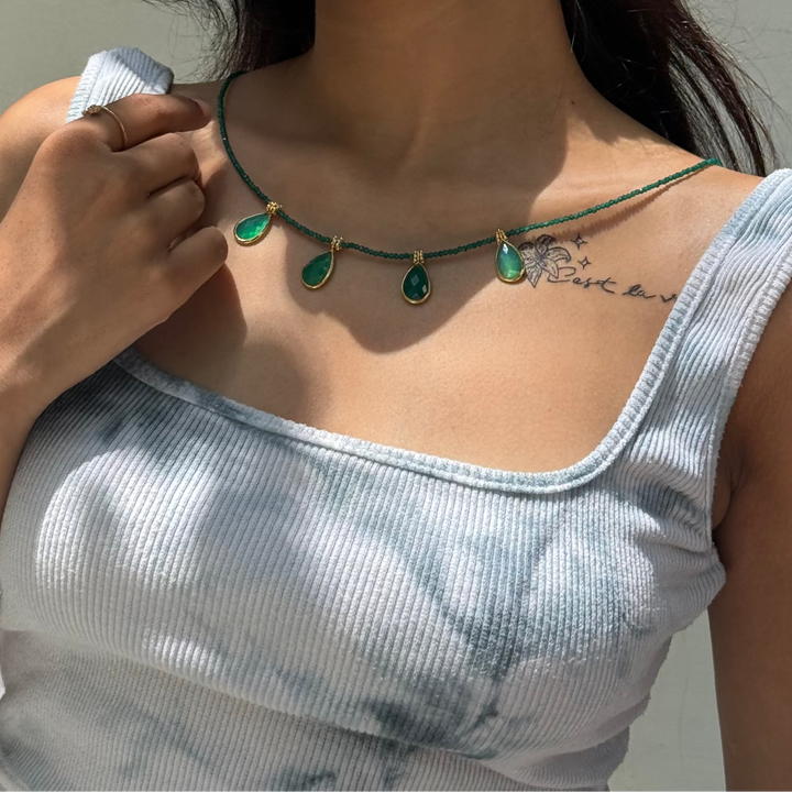 Green onyx boho beaded charm necklace