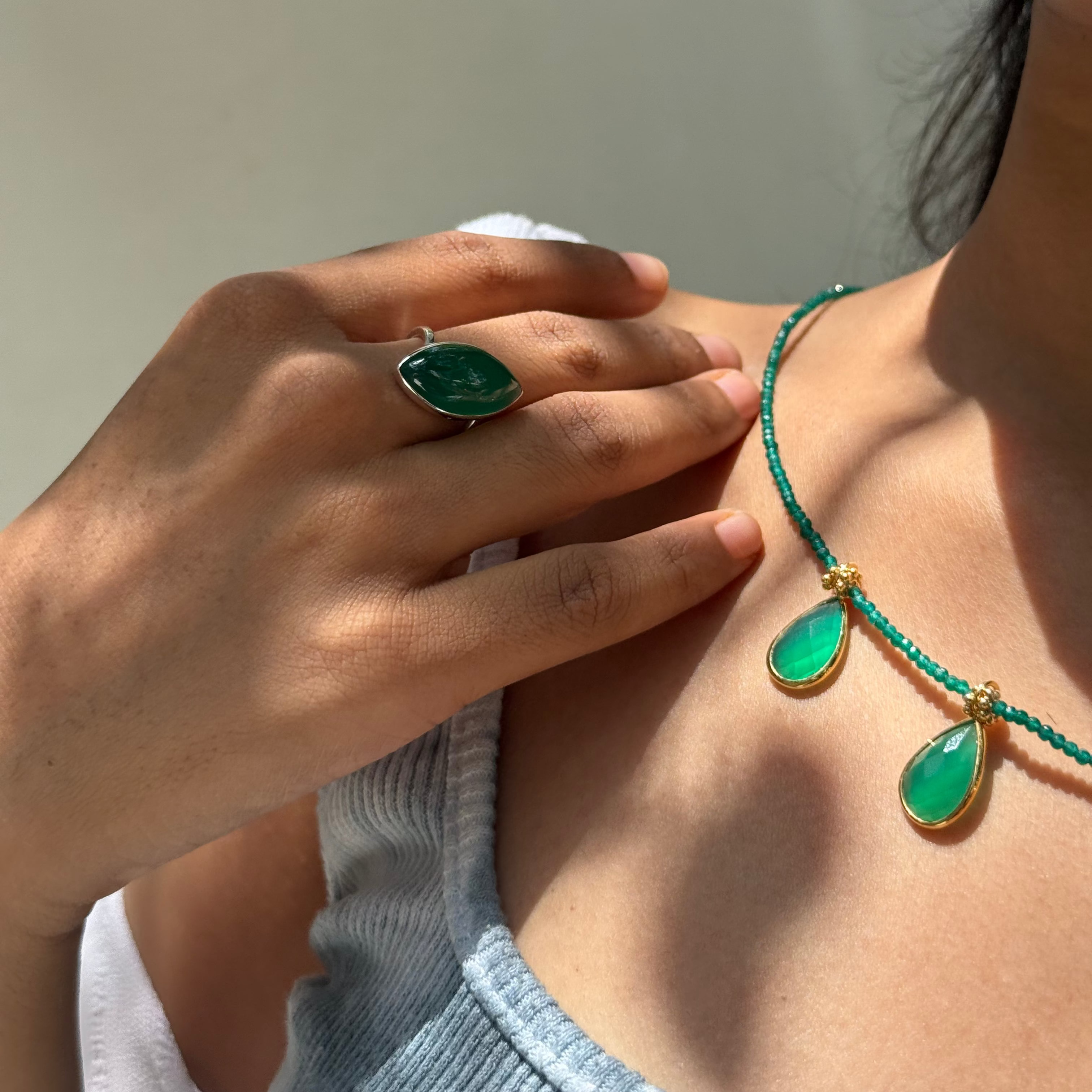 Green onyx boho beaded charm necklace