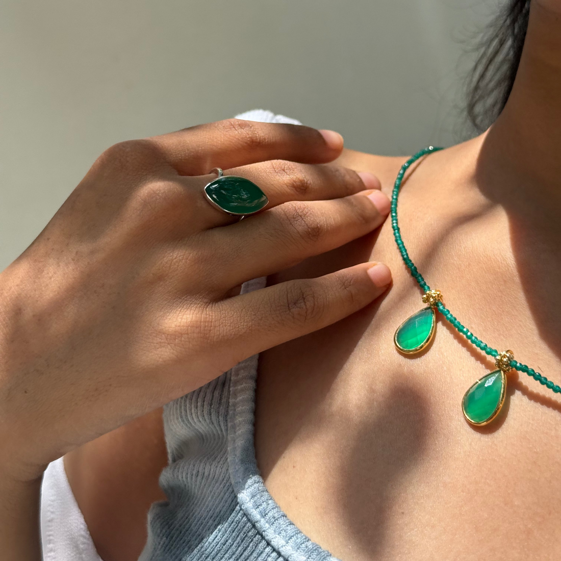 Green onyx boho beaded charm necklace