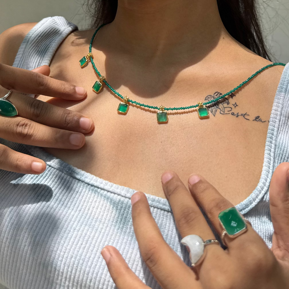 Green onyx beads charms necklace