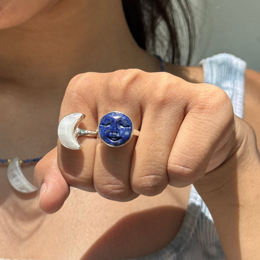 Rainbow moonstone moon ring