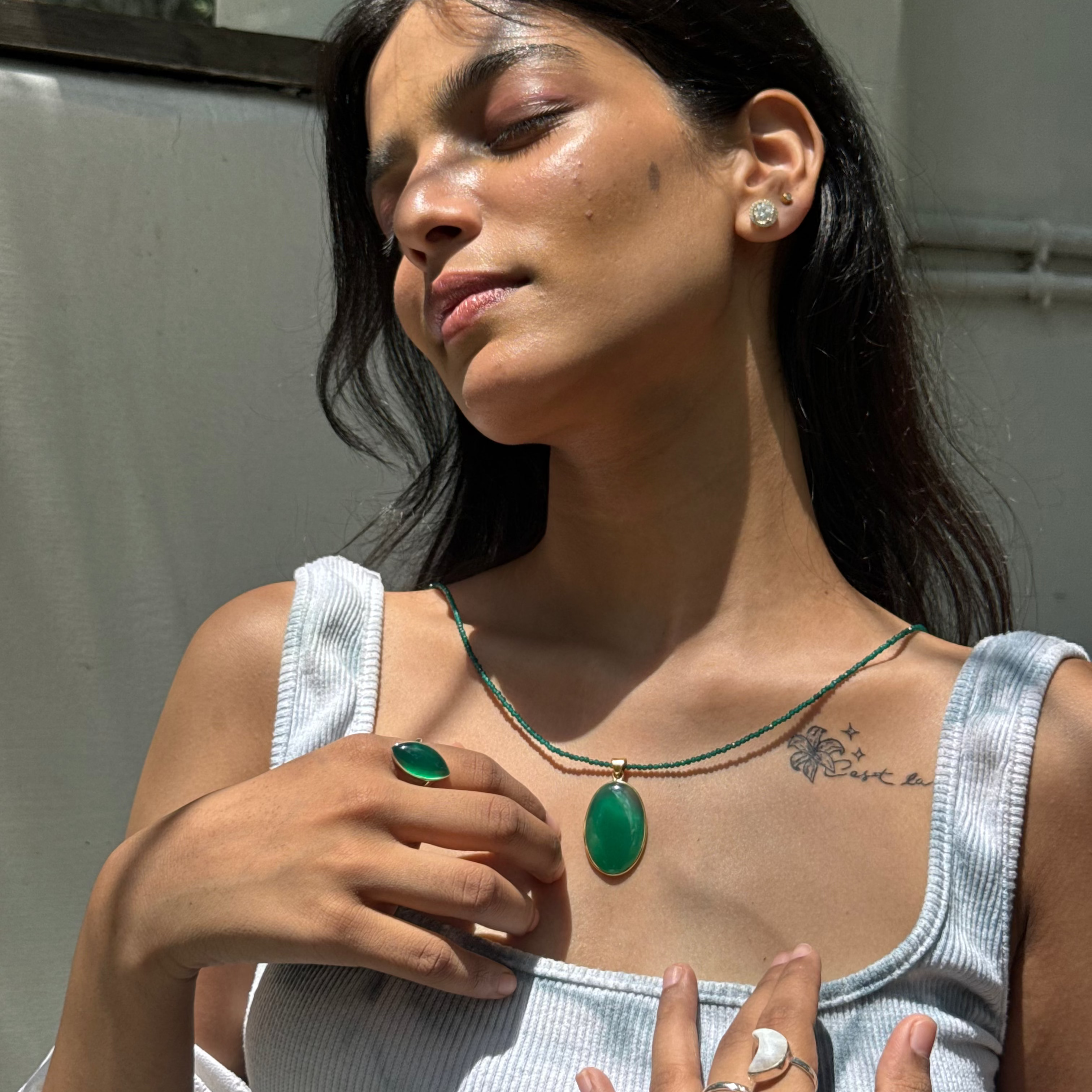 Green onyx oval locket beaded
