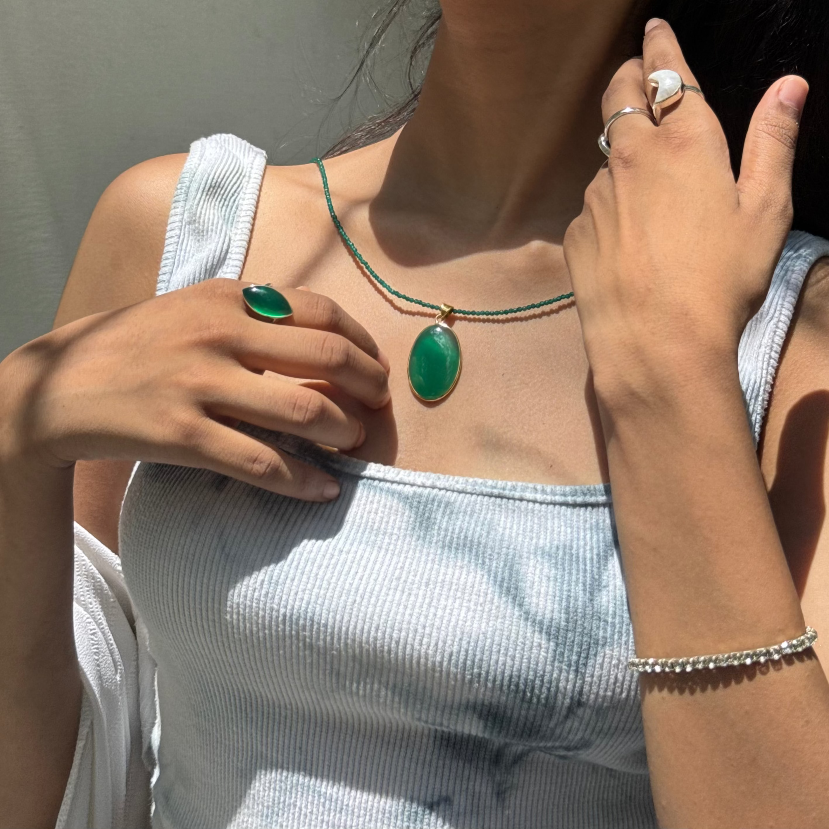 Green onyx oval locket beaded