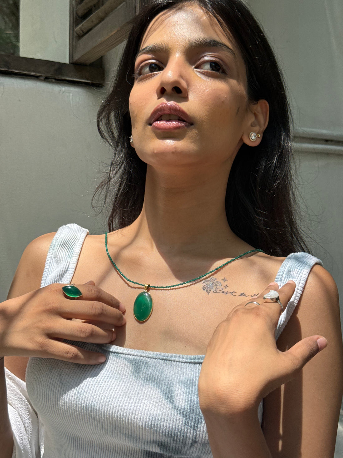 Green onyx oval locket beaded