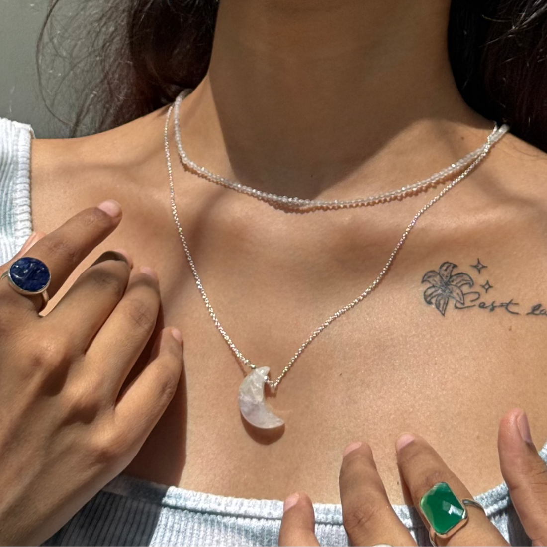 Rainbow moonstone moon necklace