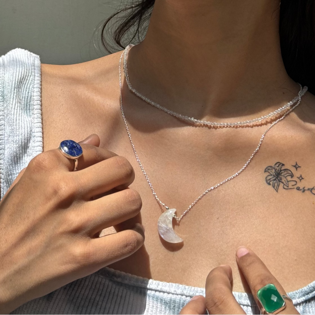 Rainbow moonstone moon necklace