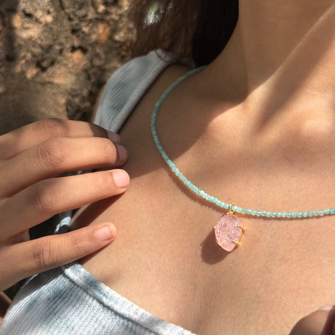 Morghanite leaf amazonite choker