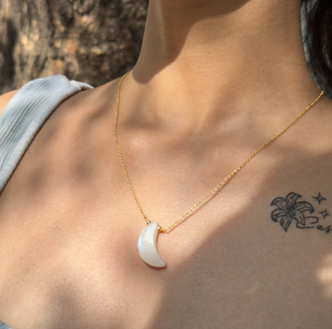 Rainbow moonstone moon necklace