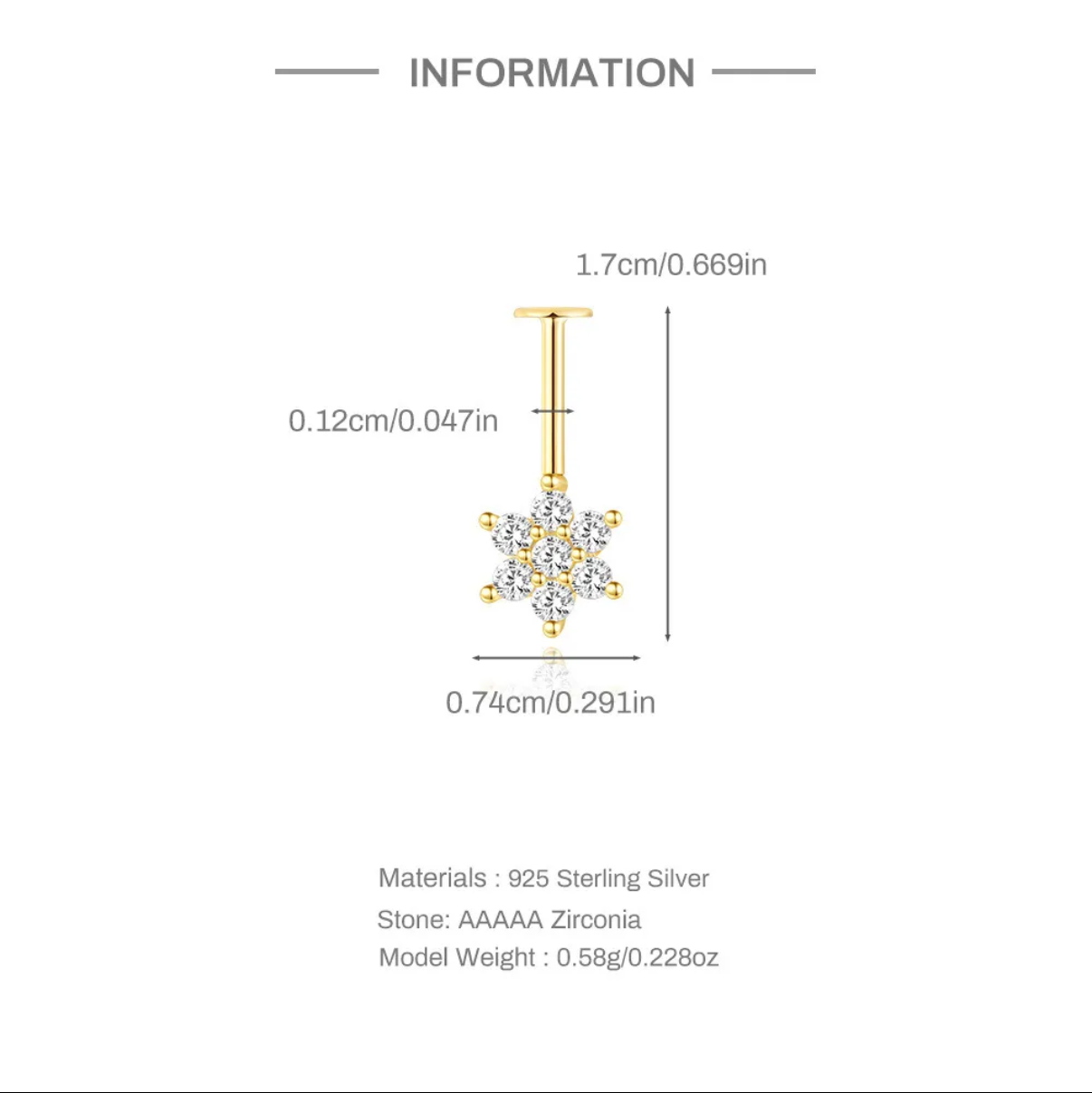 A smartphone screenshot showing a product information card with a small diagram of a silver-toned snowflake pendant or charm, labeled with dimensions and material details on a white background.