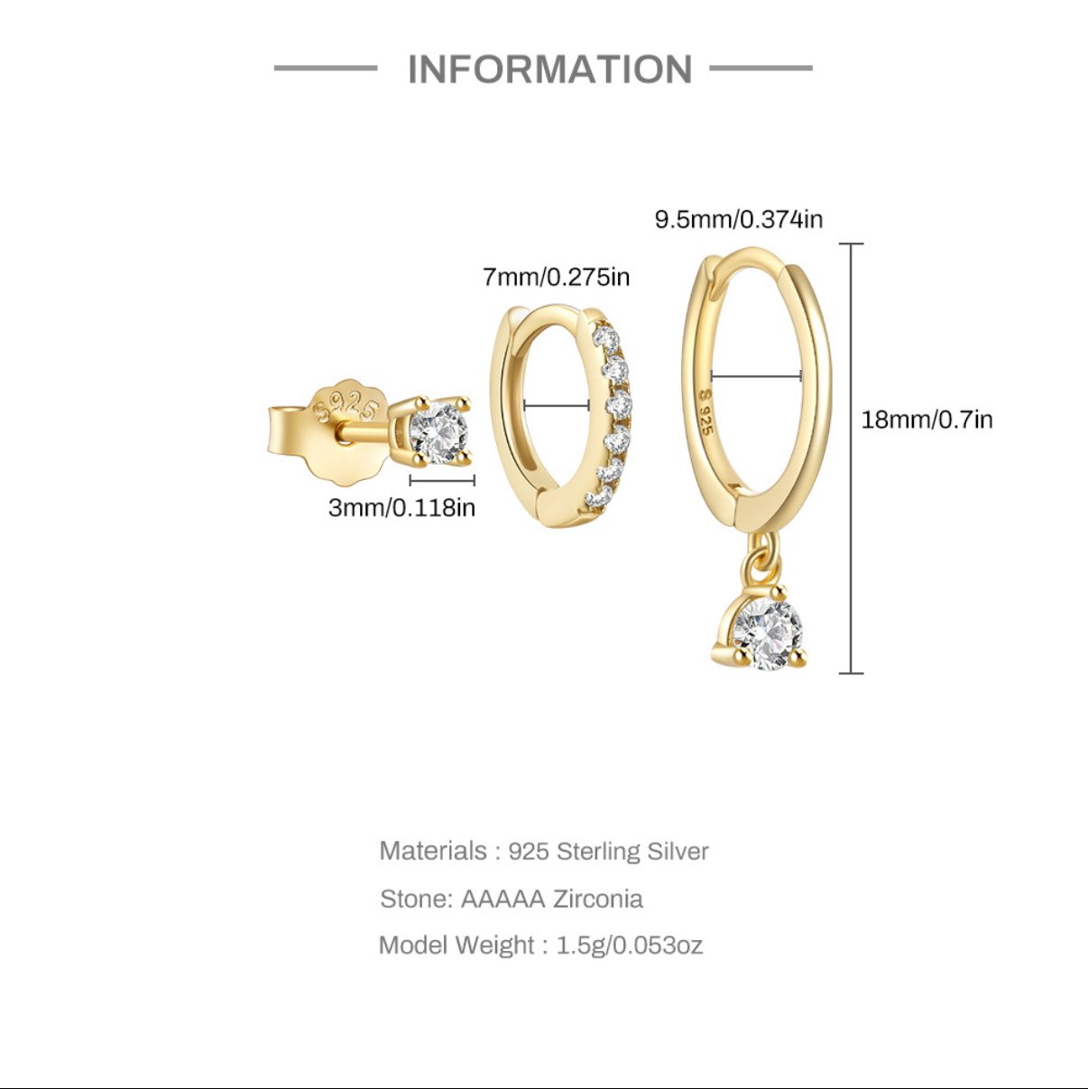 Gold hoop earrings with diamond accents on a product page.